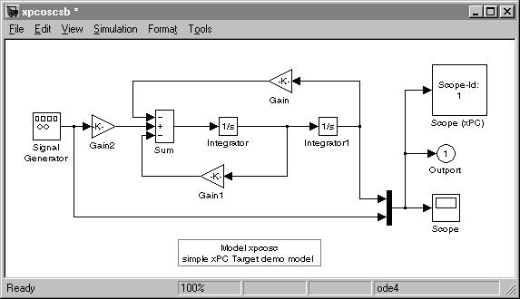 2 Advanced Procedures 6 Connect the xpc Target scope block with the Simulink scope block. The model xpcosc should look like the figure shown below.
