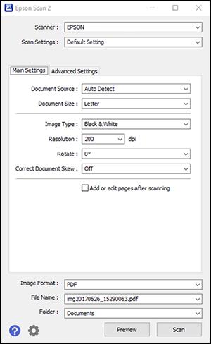 You see this window: 2. Select the Document Source setting that matches where you placed your original, or select Auto Detect to have Epson Scan 2 automatically detect the size. 3.