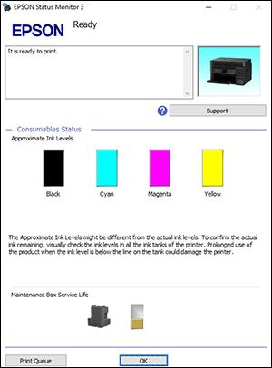 Related tasks Refilling the Ink Tanks Checking Ink Levels with Windows A low ink reminder appears if you try to print when ink is low, and you can check your ink levels at any time using a utility on