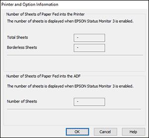 You see this window: 5. After checking the number of sheets fed into the printer, click OK to close the window. Note: The number of sheets is displayed only when Epson Status Monitor 3 is enabled.