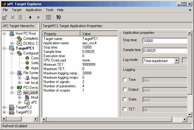 3 Signals and Parameters 3 Start the target application. For example, in the xpc Target Hierarchy pane, right-click the xpc_osc4 target application, then select Start. 4 Stop the target application.