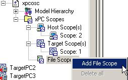Signal Tracing 11 To create a scope to acquire signal data into a file on the target PC file system, right-click the File Scopes node under the xpc Scopes node. Select Add File Scope.