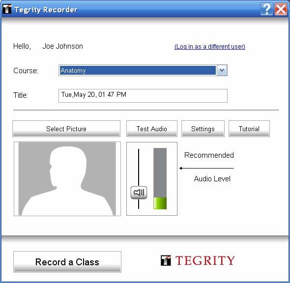 Figure 21: Tegrity Recorder Window The Tegrity Recorder window provides information about your recording, including: Your name. The course title. The title of your recording.