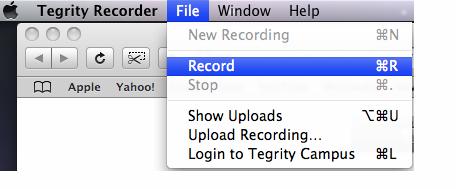 Figure 32: Tegrity Recorder File Menu (Mac) Recording begins and the Tegrity Recorder Toolbar appears in the lower left corner of the screen. Figure 33: Tegrity Recorder Toolbar (Mac) 7.