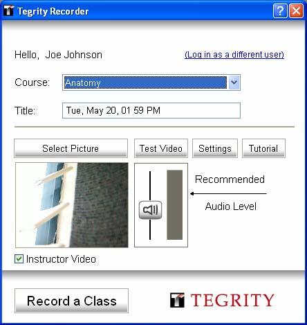 Figure 44: Tegrity Recorder Window (Video) The first time you connect a video camera and start Tegrity Recorder, Instructor Video is not selected and the video camera is not activated.