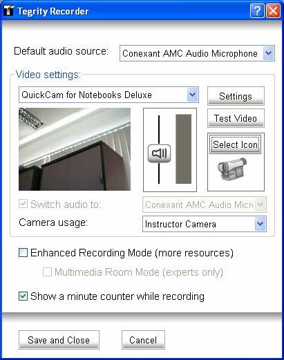 To view your audio and video settings: 1. In the Tegrity Recorder window, click Settings. The Settings dialog box appears (Figure 45).