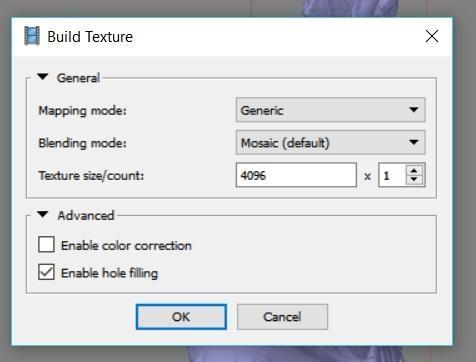 2. This will open the Build dialog, select the following options: a. Mapping mode: Generic b. Blending mode: Mosaic (default) c. Texture size/count: 4096 x 1 d.