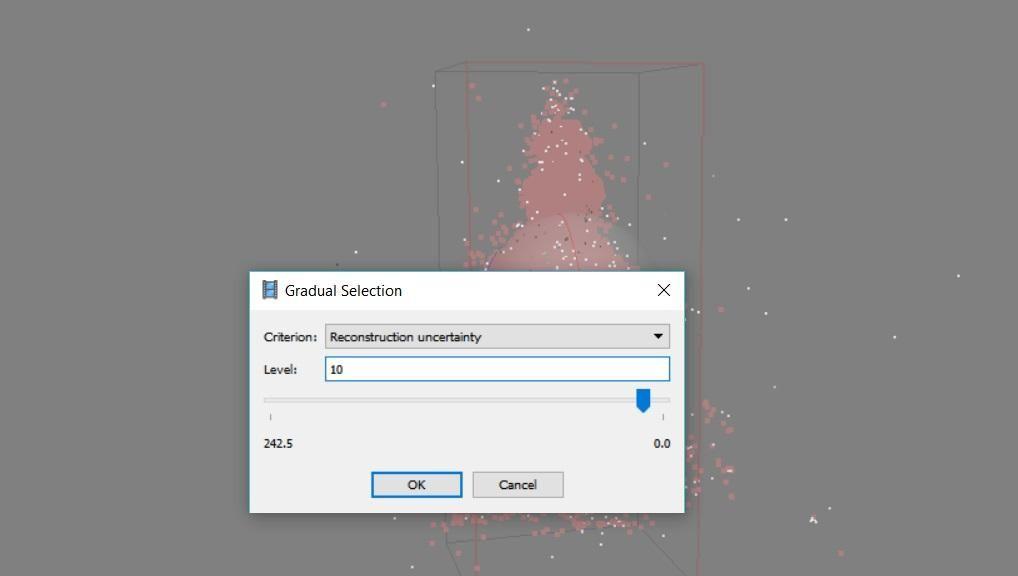 1. Select Edit > Gradual selection 2. A dialog box will appear. On the Criterion drop down menu select Reconstruction uncertainty. You will see a slider between a number in the hundreds and zero.
