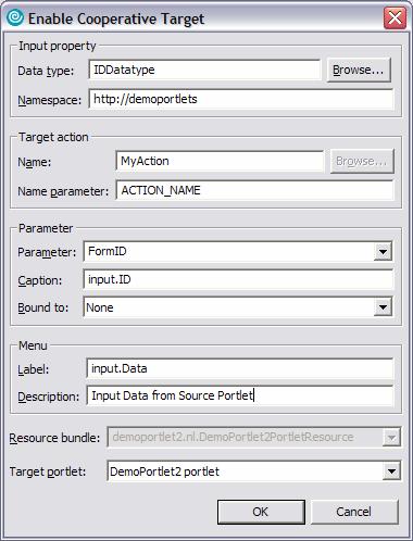 In the Enable Cooperative Target wizard, enter these values (shown in Figure 11): Data type: Use the exact same name that you used when you enabled the source portlet.