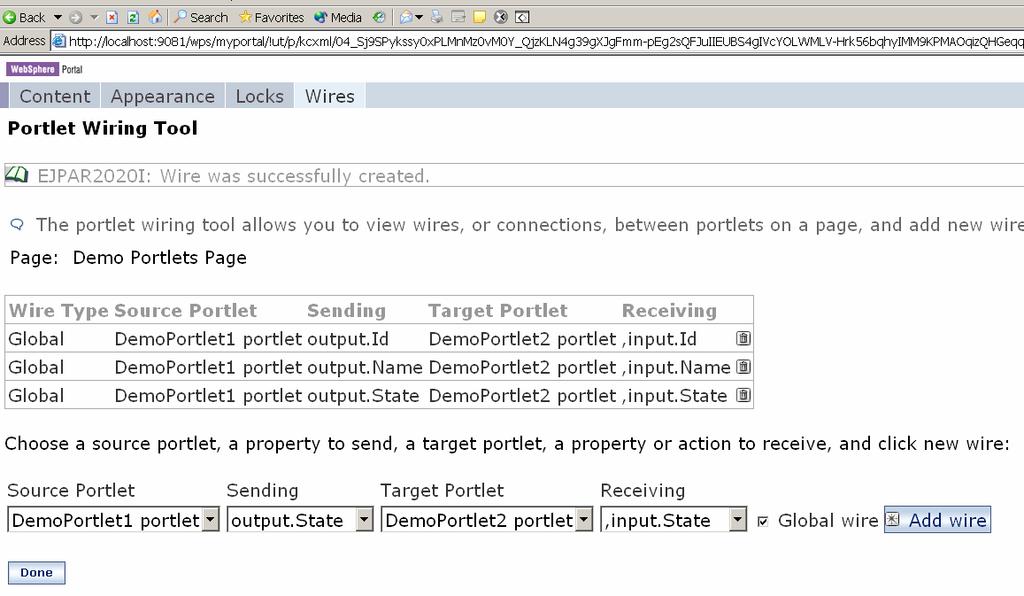 Figure 15. Exporting the project as a WAR 7- After you have created all the wires, click Done. 8- Go to the page where both portlets are placed.