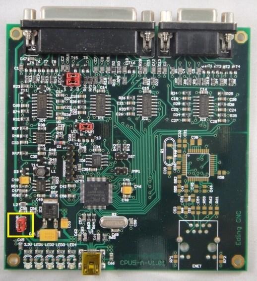 Lower left (USBPWR) is set if the board is powered by the USB voltage. Remove if you want to power externally. External POWER can be applied on the SUBD 25 connector (PIN 20-21, 22-25).