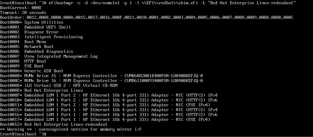 3. The Red Hat Enterprise Linux-redundant entry is created as Boot0012. It is selected as the first boot option.