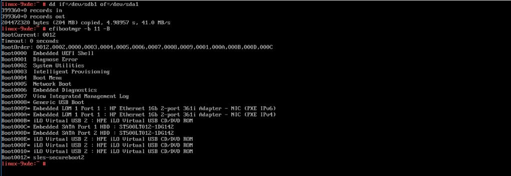 dd if=/dev/nvme1n1p1 of=/dev/nvme0n1p1 3. Remove the existing SLES boot entry: efibootmgr b 11 B 4.