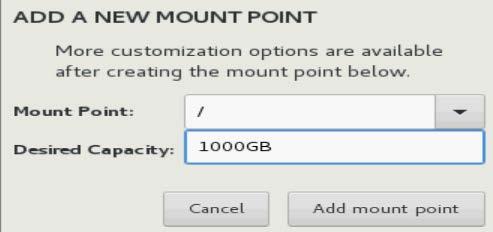 Creating root disk as RAID1 1. Click +. 2. To choose the root directory, enter / as mount point. 3. Enter 1000GB in Desired Capacity. 4. The system will calculate the correct size. 5.