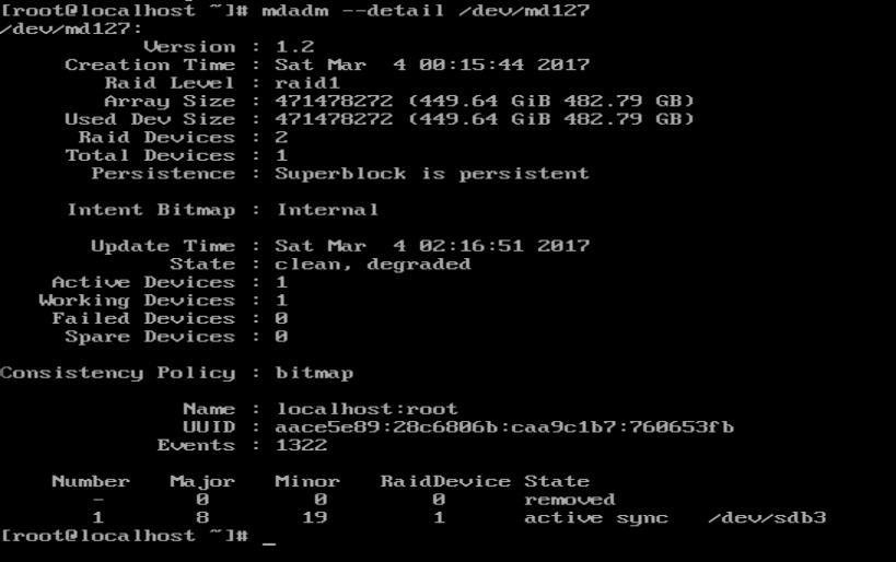 Recover the RAID system 1. Prepare a new disk, partitioned as previously described. 2. From the boot menu, choose rhel-redundant. 3. The new disk is shown as /dev/sda. 4.