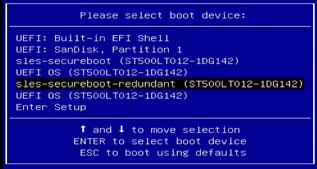 6. Verify the boot entry by rebooting the system, press F11 to the boot menu. sles-securebootredundant should be in the boot menu. 7. Boot in to the system to verify it works. 8. Log in the system.
