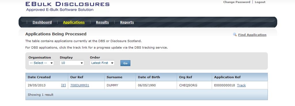 Screen Shot 11 To track an application with the DBS click on Processing, this will take you to a screen which will show all the applications for