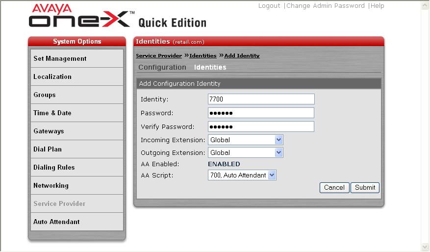 12. From the Service Provider > Identities screen, click Add Identity to add SIP identities associated with this service provider configuration for the one-x Quick Edition network.