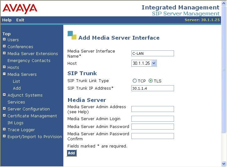 4. At the SIP Server Management window, click on Add under the Media Servers menu to configure SIP trunking between the SES Server and Avaya Communication Manager.