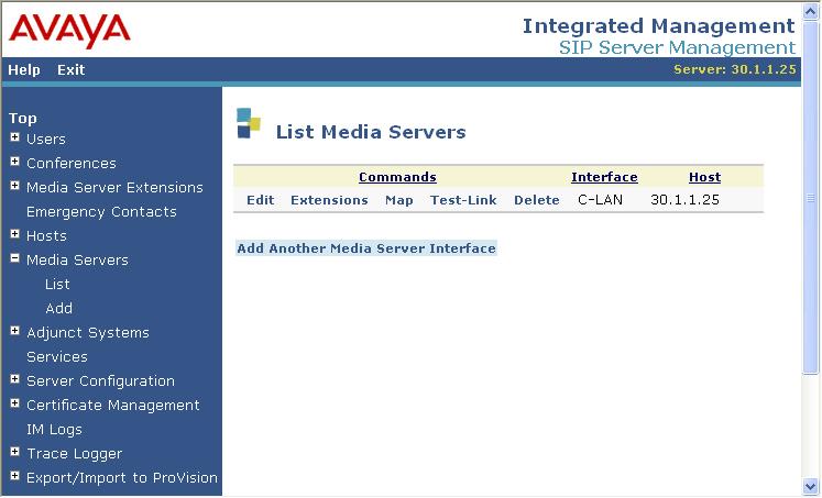 5. At the SIP Server Management window, click on List under the Media Servers menu to display the media server interface configured in the previous step.