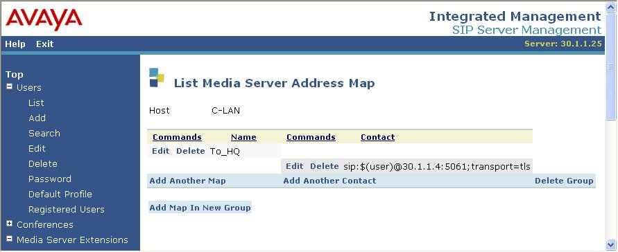 10. At the List Media Server Address Map window, click on Add Map In