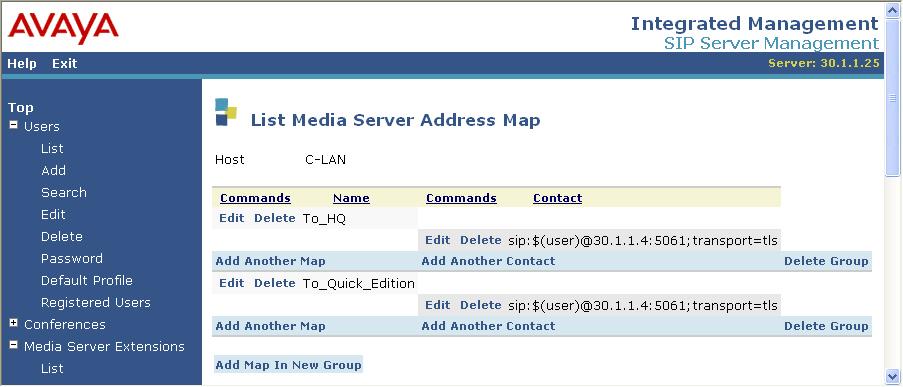 12. At the List Media Server Address Map window, click on Edit under Commands to modify the media server contact in the new group created in the previous step. 13.