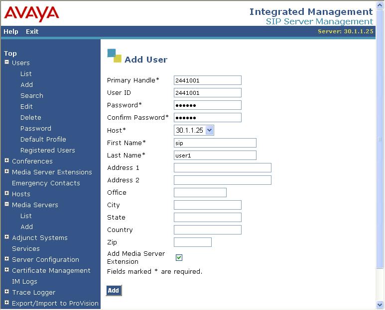 14. At the SIP Server Management window, click on Add under the Users menu to configure a SIP identity for an endpoint registered to Avaya Communication Manager.