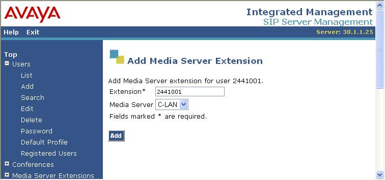 15. At the Add Media Server Extension screen, enter the extension configured as an offpbx-telephone station in Avaya Communication Manager in the