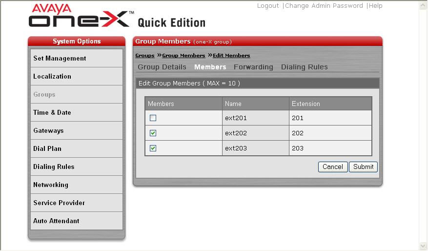 At the Group > Group Members > Edit Members page, select the checkbox in the Members list for each Avaya