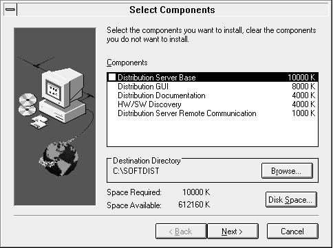 Installing a TME 10 Software Distribution Server in Attended Mode 4 Select Software Distribution SERVER, and then select Next. The Select Components window appears. Figure 10.