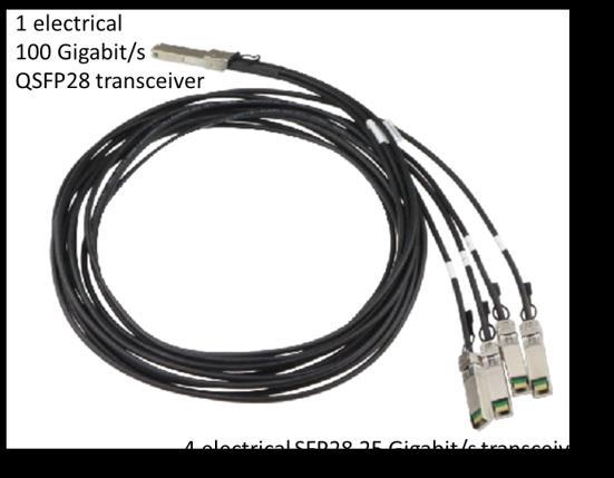This is done with a DAC or AOC break out cable connecting a QSFP28 00GbE port with four independent 25GE SFP28 ports.