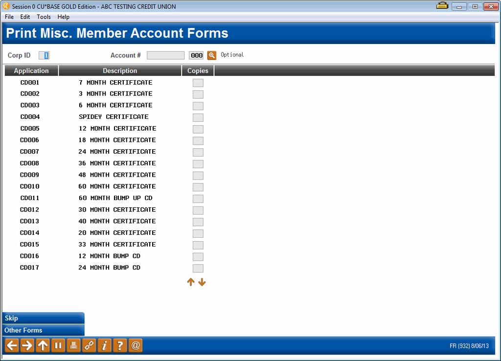 Print Misc Member Account Forms (Tool #21) Note: When you are using Inquiry or Phone Operator, you can enter the screen shown above via the entry Name/Address Maintenance screen (accessed via