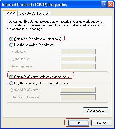 Select Obtain an IP address automatically and Obtain DNS