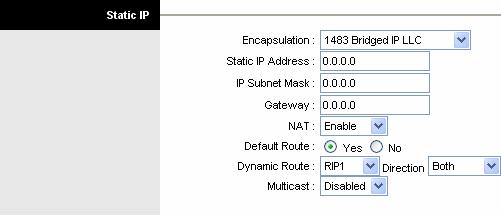 LABEL Encapsulation NAT Default Route TCP MTU Option Dynamic Route DESCRIPTION Select your encapsulation type from the dropdown list. Select whether NAT is Enabled or Disabled.