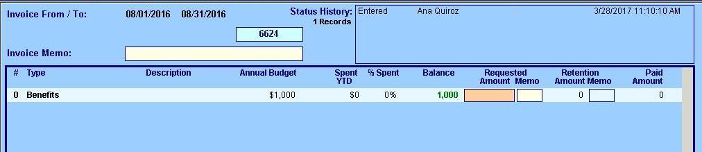 The Fiscal Menu displays information on a contract s finances. This information includes: Period From/To.