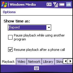 Customizing Windows Media Player Mobile 1. If necessary, go to the Playback screen by pressing OK to close the current screen. 2. Press Menu (right softkey) and select Options. 3.