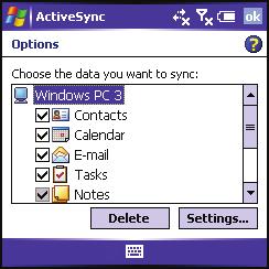 Setting Synchronization Options Selecting Which Information to Sync 1. Press Start and select Programs. 2. Select ActiveSync. 3. Press Menu (right softkey) and select Options. 4.