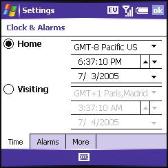 System Settings Setting the Date and Time Clock & Alarms Settings lets you set the time zone, time, and date for your home location and a location that you visit. 1. Press Start and select Settings.