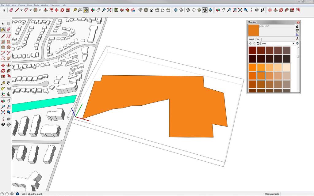 Fill the property polygon to highlight the Subject Property Use the Paint Bucket tool and in the Materials window choose the Colors palette and select the orange colour Color_C07.
