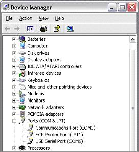 d) On the Device Manager dialog box, look under the Ports (COM & LPT) tree. The COM port associated with the USB-IR cable is listed there as USB Serial Port (COM n). 4. Changing the COM Port #.