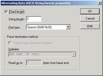 91 Format Alternating Byte ASCII String The Alternating Byte ASCII String device data format option can be used to define the format of string data.