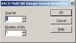 94 Format ASCII Multi-Bit Integer The ASCII Multi-Bit Integer device data format option reads or writes a specified number of bit characters represented in an ASCII multi-bit integer.
