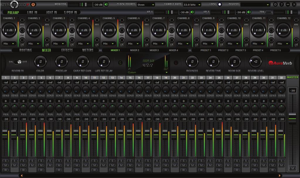 7.2. Mixer Tab 9 7 9 6 2 1 8 3 4 5 10 Zen Studio+ offers four software low latency mixers which provide zero latency mixing and monitoring that can be distributed to any output from the control panel.