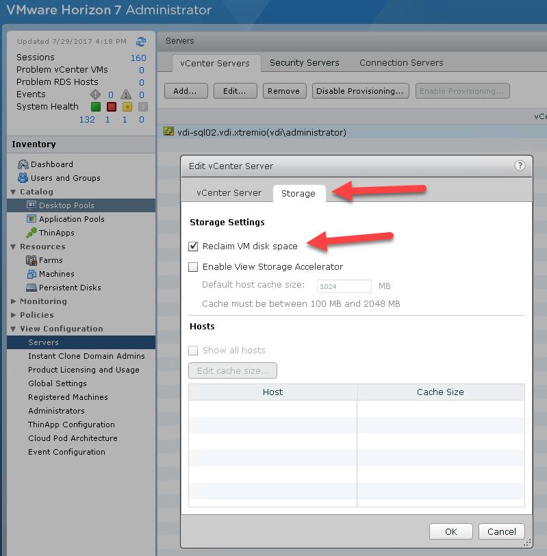 Figure 68. Horizon's vcenter Server Settings Storage Space reclamation can be performed on a single desktop or an entire pool, and can be scheduled or manually initiated.