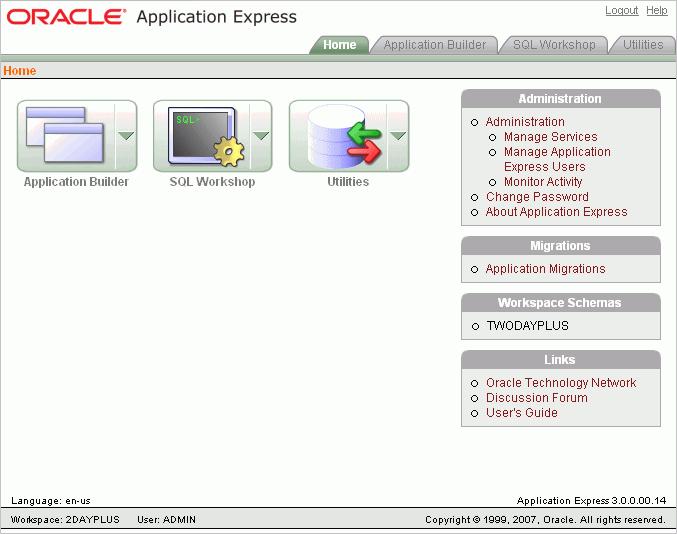 3 Getting Started with Oracle Application Express This section introduces you to areas of the Oracle Application Express user interface.