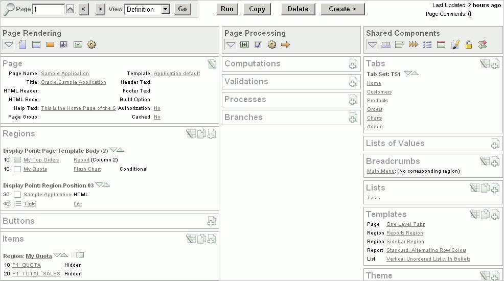 Installing the Sample Objects The Page Definition contains three main areas: Page Rendering lists user interface controls and logic that are executed when a page is rendered.