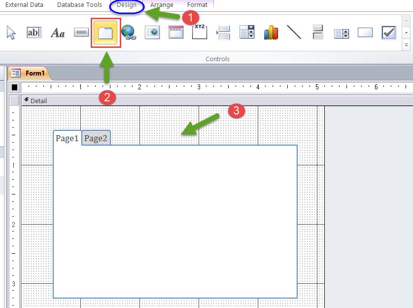 a) Click the Form Design icon in the Create tab of the Ribbon b) Click the Tab Control icon in the Design tab and draw a