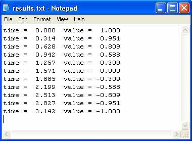 ก 1.18 ก Notepad ก ก results.txt -->u = file('open', 'results.txt', 'unknown'); -->for t = 0:%pi/10:%pi --> fprintf(u, 'time = %6.3f value = %6.