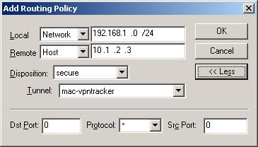 2.168.1.0/24), and the virtual IP of the VPN Tracker Host as Remote Host (10.1.2.3).