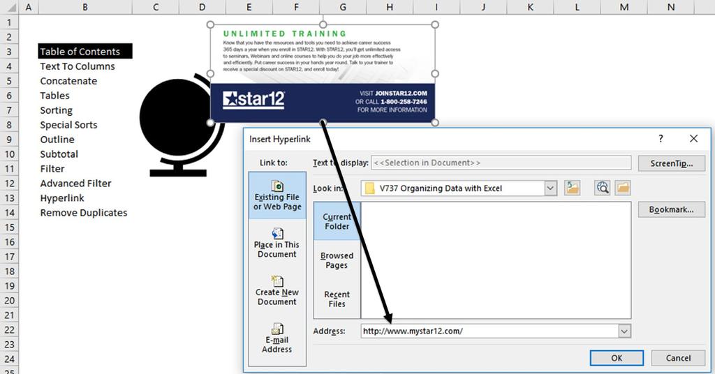 PARTICIPANT NOTEBOOK Use Hyperlinks to Link to Other Files and Web Sites Link to Other Excel Files or Word and PowerPoint Files 1. On the Insert tab in the Ribbon, click Hyperlink. 2.
